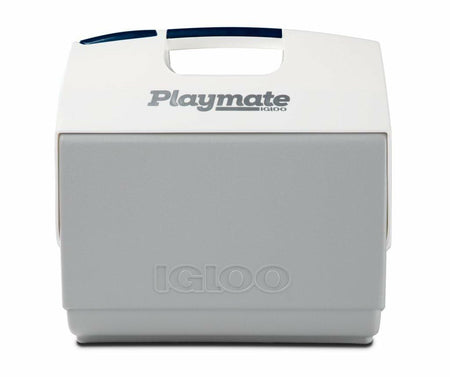 Igloo Playmate Elite cooler with white top and gray base. Features molded handle and push-button lid that opens sideways. Branding includes “Playmate” and embossed “IGLOO.”