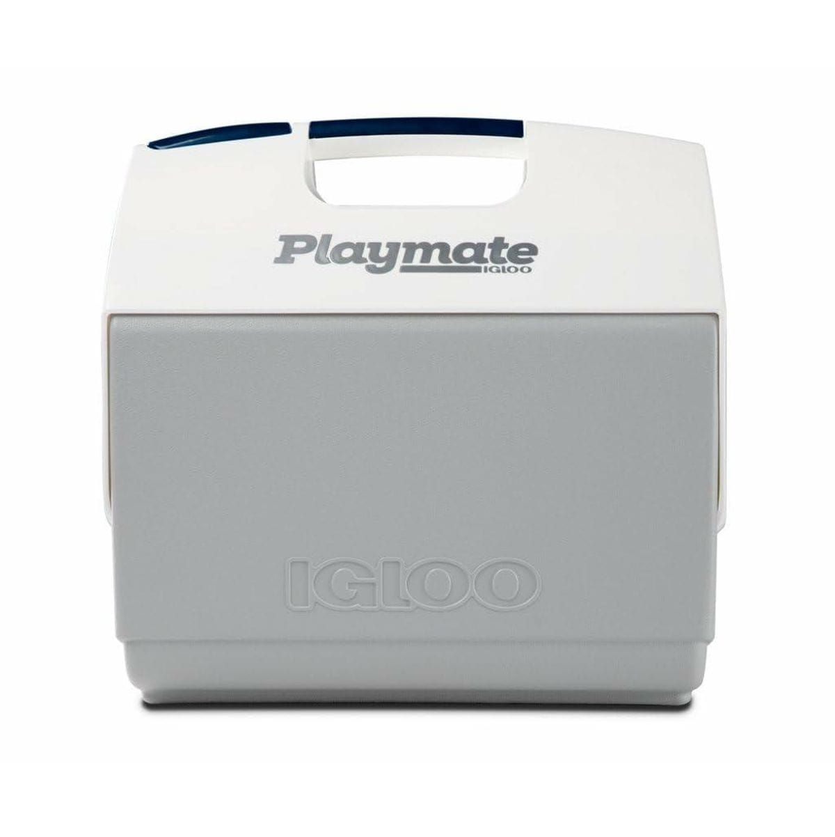 Igloo Playmate Elite cooler with white top and gray base. Features molded handle and push-button lid that opens sideways. Branding includes “Playmate” and embossed “IGLOO.”