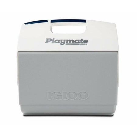 Igloo Playmate Elite cooler with white top and gray base. Features molded handle and push-button lid that opens sideways. Branding includes “Playmate” and embossed “IGLOO.”