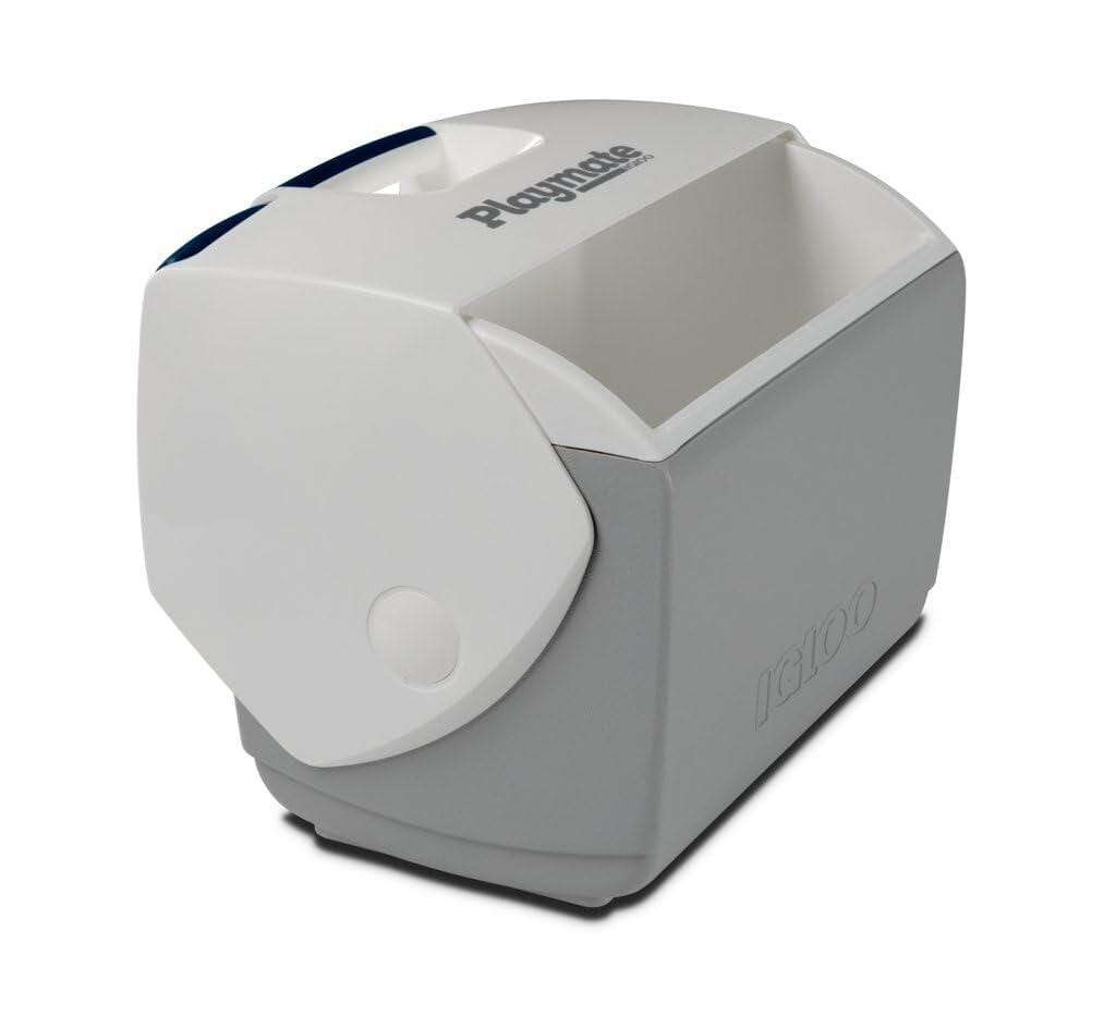  Igloo Playmate Elite cooler with white lid and gray body. Lid includes push-button mechanism and swings open to the side. “Playmate” and “Igloo” branding visible on top and side.