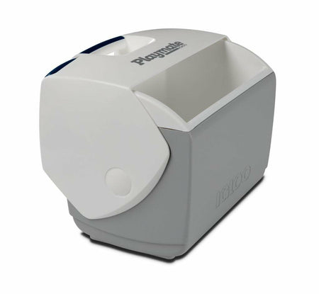  Igloo Playmate Elite cooler with white lid and gray body. Lid includes push-button mechanism and swings open to the side. “Playmate” and “Igloo” branding visible on top and side.