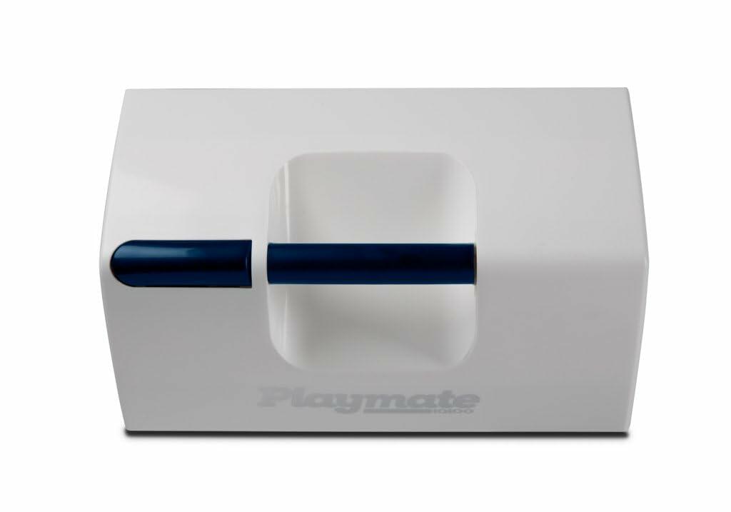  Igloo Playmate Elite cooler with white tent-top lid and blue handle. Lid features central push-button and swings open for access. Compact design suitable for portable cooling.