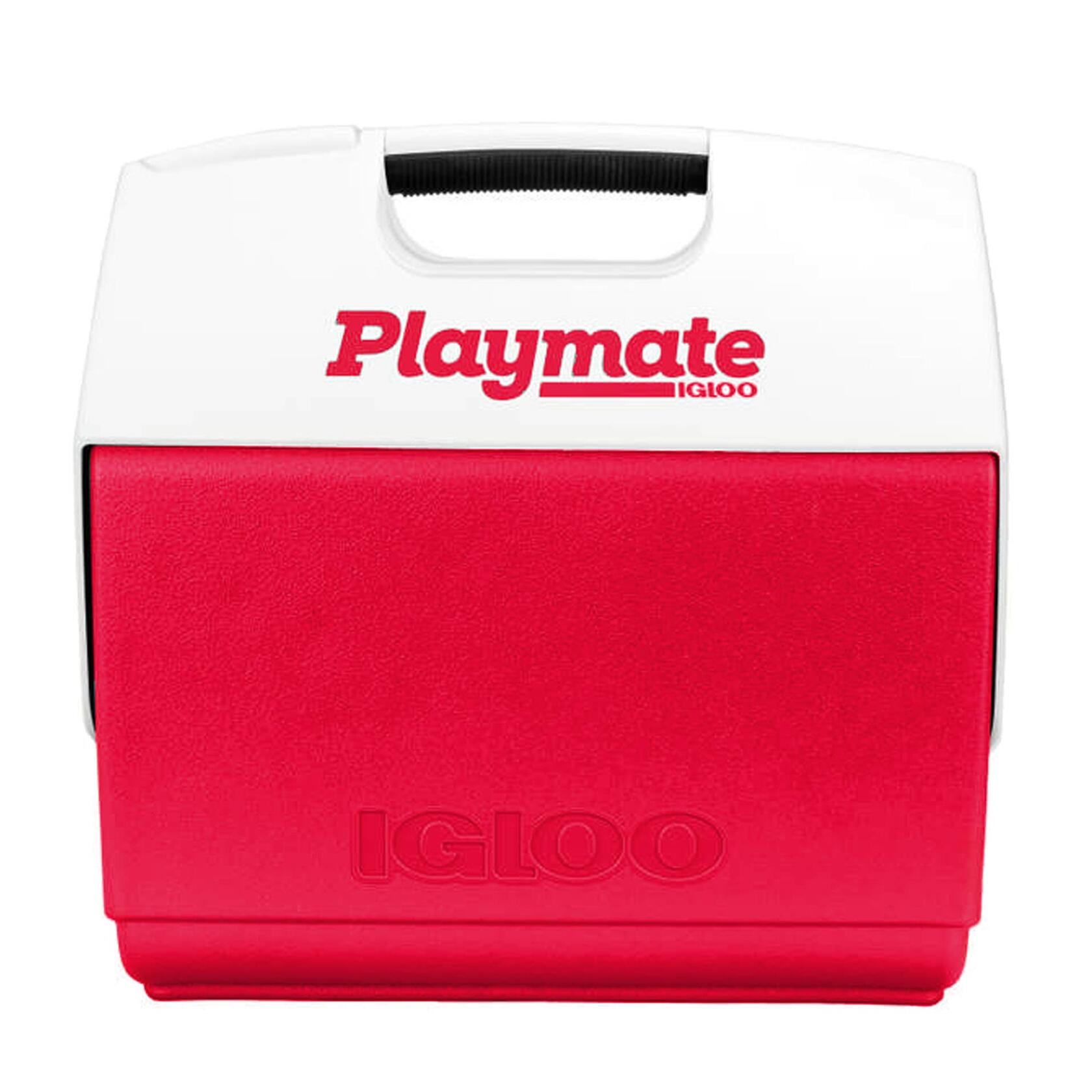Igloo Playmate Elite Ultra cooler with white lid and red body. Lid features molded handle and printed “Playmate” logo; red base includes embossed “Igloo” branding.