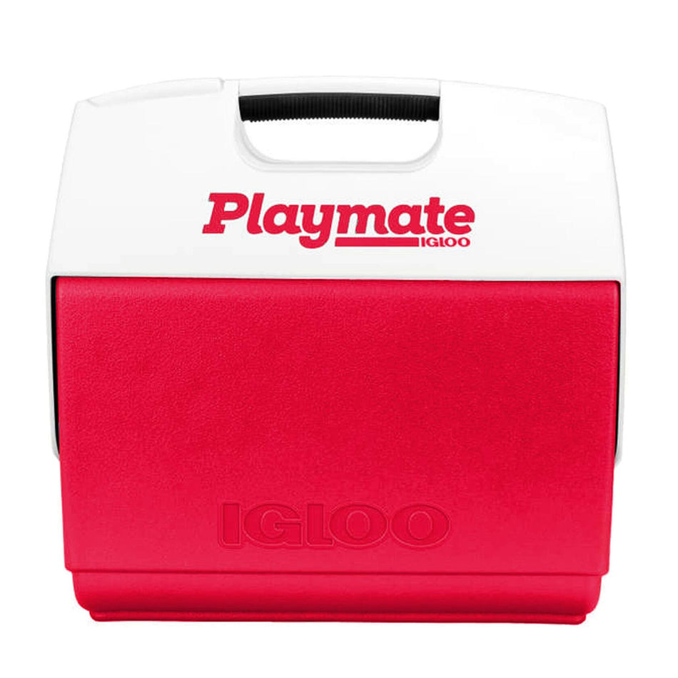 Igloo Playmate Elite Ultra cooler with white lid and red body. Lid features molded handle and printed “Playmate” logo; red base includes embossed “Igloo” branding.