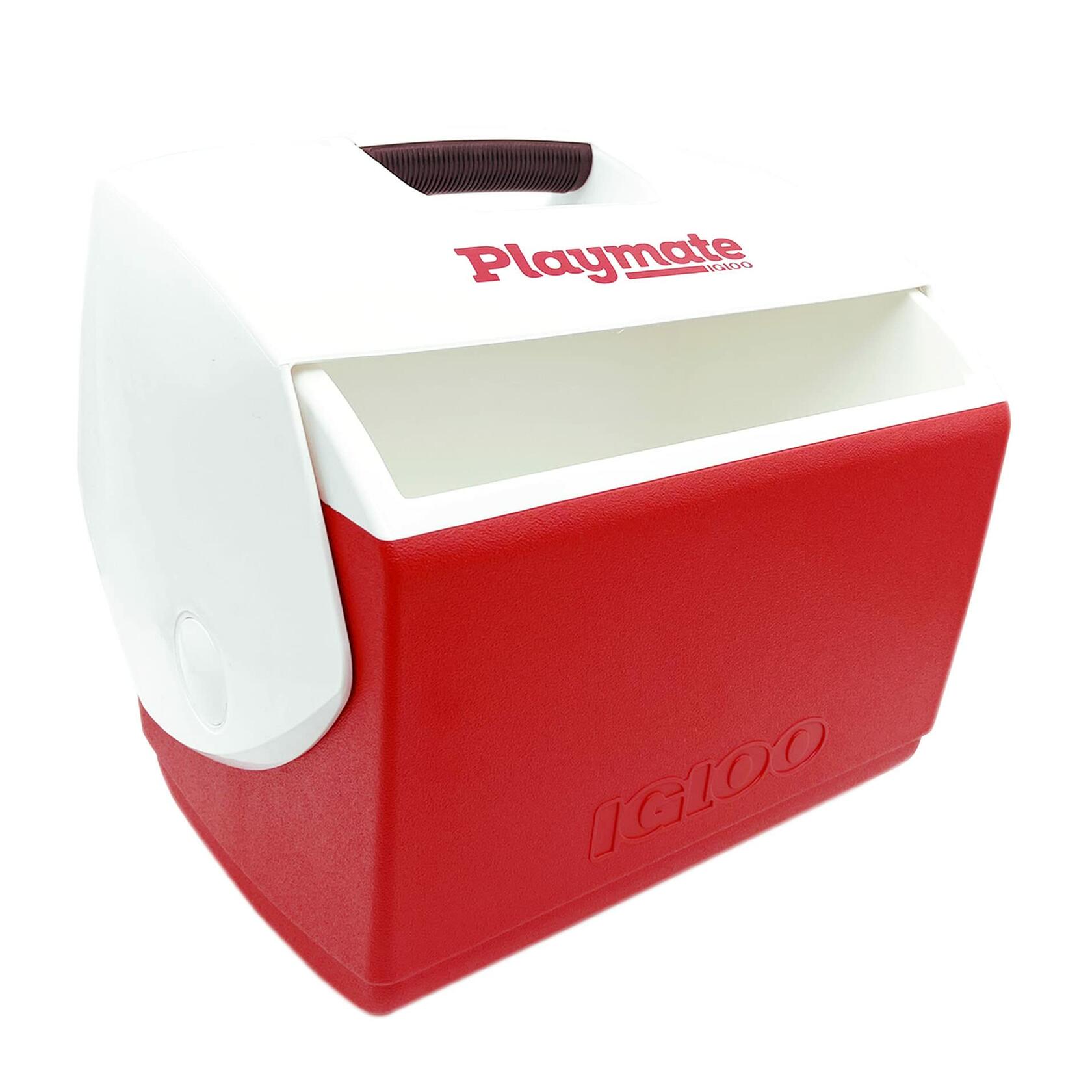 Igloo Playmate Elite Ultra cooler with white top and red base. Black handle is integrated into lid; “Playmate” and “Igloo” logos printed in red. Embossed “IGLOO” branding on lower section.