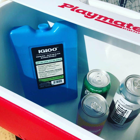 Interior of Igloo Playmate Elite Ultra cooler showing a large blue Igloo ice block and four beverage cans. Cooler is red and white, designed for keeping drinks cold during travel or outdoor use.