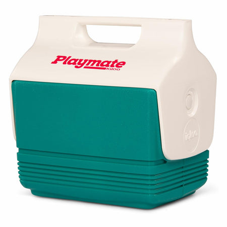 Green and white Igloo Playmate Mini cooler with red “Playmate” and “Igloo” branding. Textured base with horizontal ridges and embossed logo. Compact design suitable for personal use outdoors.