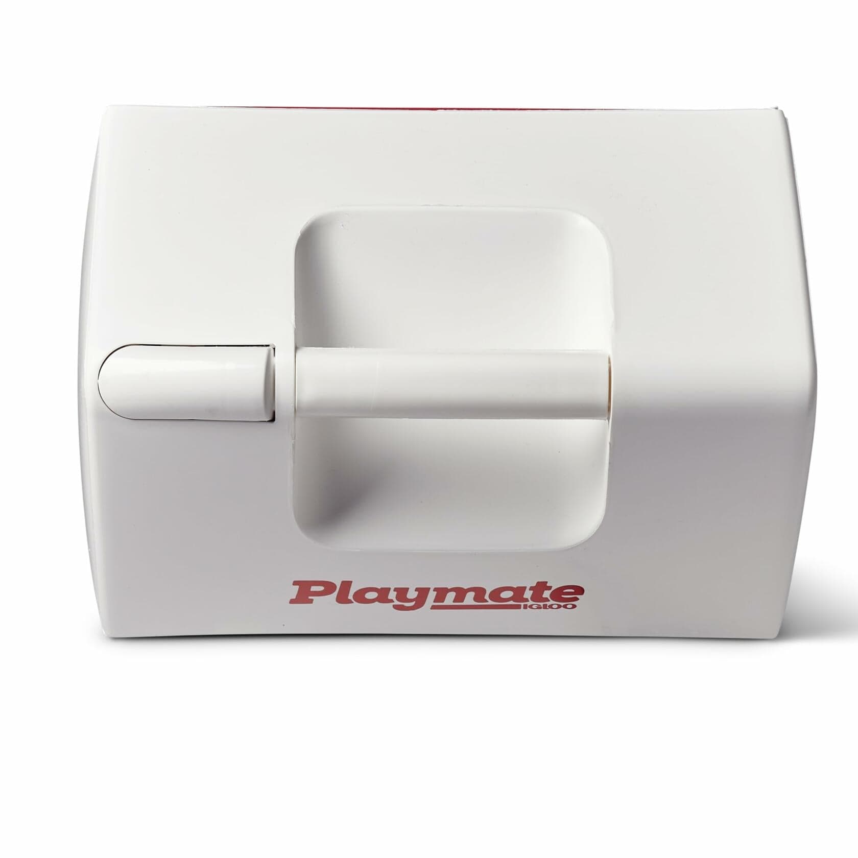 Classic Igloo Playmate Mini cooler with white lid and green base. Lid features red “Playmate” and “Igloo” branding with integrated handle. Embossed “Igloo” logo visible on the side.
