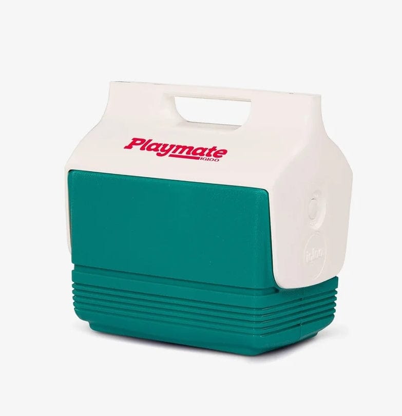 White Igloo Playmate Mini cooler with red “Playmate” and “Igloo” branding. Central handle and push-button mechanism visible on lid. Designed for portable cold storage during outdoor activities.