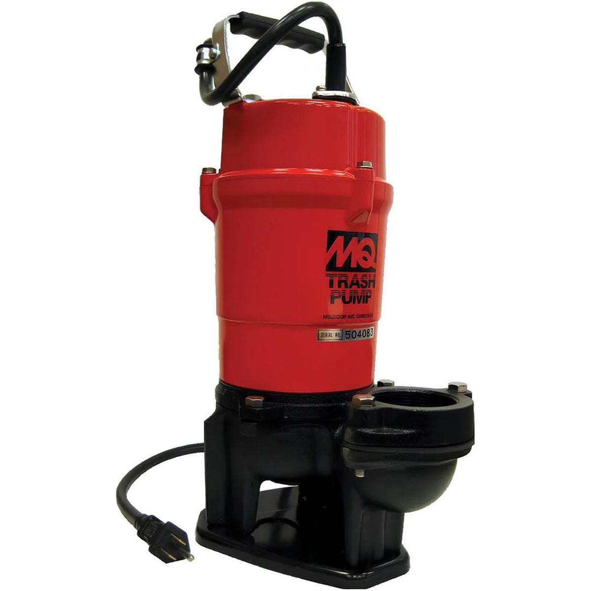 Side profile of the MultiQuip ST2040TF submersible trash pump showing the 2-inch discharge port, durable power cord connection, and industrial MQ Trash Pump branding.