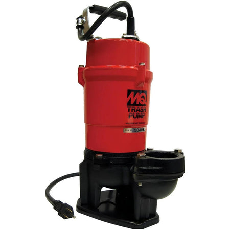 Side profile of the MultiQuip ST2040TF submersible trash pump showing the 2-inch discharge port, durable power cord connection, and industrial MQ Trash Pump branding.