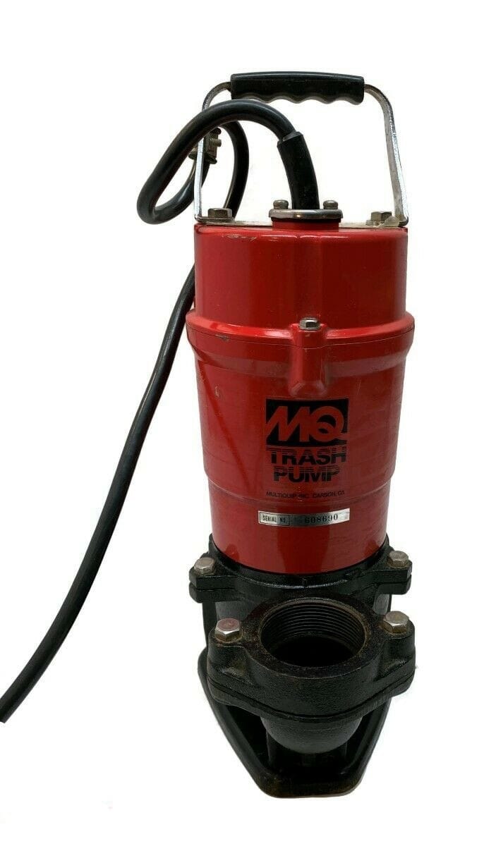 Front view of the MultiQuip 1HP electric submersible pump highlighting the rugged cast iron base designed for handling 1-inch solids in construction and industrial applications.