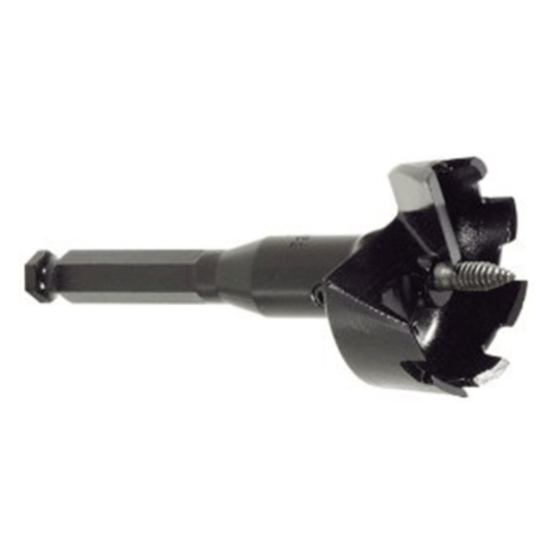 Irwin Bi-Metal Self Feed Bit 3 In. 1 pk. 
This is a close-up, horizontal shot of a self-feeding drill bit, primarily dark in color. The bit features a prominent, threaded screw point at its center, surrounded by three sharp, paddle-like cutting edges.