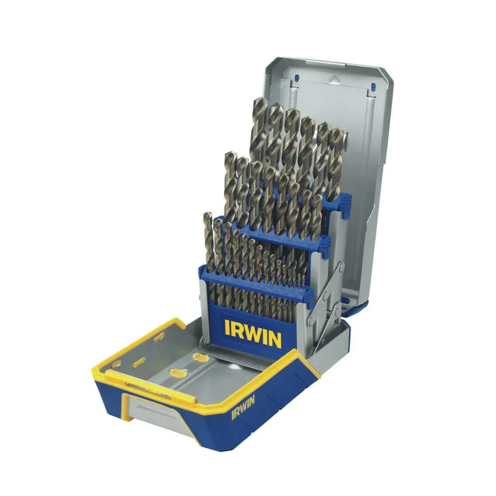 A studio product photograph of the open Irwin 29-piece cobalt drill bit index case, showcasing three tiers of gold-colored twist drill bits rising up in blue plastic organizing cartridges within a grey metal and blue-molded protective shell.