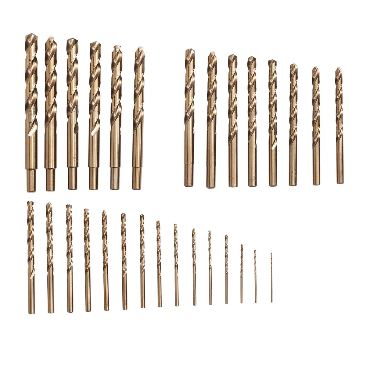 A flat-lay product overview image displaying the complete collection of twenty-nine gold-hued Irwin cobalt drill bits organized by length and diameter against a clean white background.