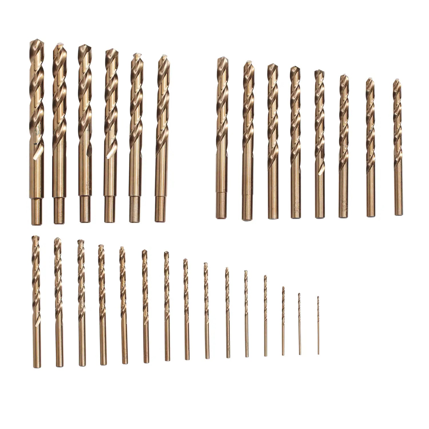 A flat-lay product overview image displaying the complete collection of twenty-nine gold-hued Irwin cobalt drill bits organized by length and diameter against a clean white background.