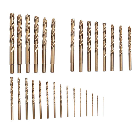 A flat-lay product overview image displaying the complete collection of twenty-nine gold-hued Irwin cobalt drill bits organized by length and diameter against a clean white background.