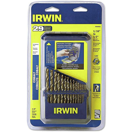 A front retail product view of the 29-piece Irwin cobalt metal index drill bit set enclosed in its original clear factory plastic blister pack carding, highlighting key features such as the 135-degree split point and reduced 3/8-inch shanks.