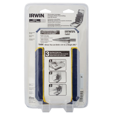 A rear perspective product view of the retail blister pack card for the Irwin cobalt drill bit set, detailing structural illustrations on how to open the case, alongside promotional features for the Irwin Unibit step drill line.