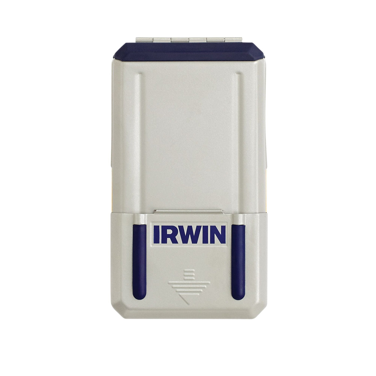 A studio product photograph of the Irwin 29-piece cobalt drill bit metal storage case shown fully closed, displaying its grey metal casing, blue hinge accent molding, and the prominent blue Irwin logo stamped across the lock tab.