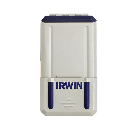 A studio product photograph of the Irwin 29-piece cobalt drill bit metal storage case shown fully closed, displaying its grey metal casing, blue hinge accent molding, and the prominent blue Irwin logo stamped across the lock tab.