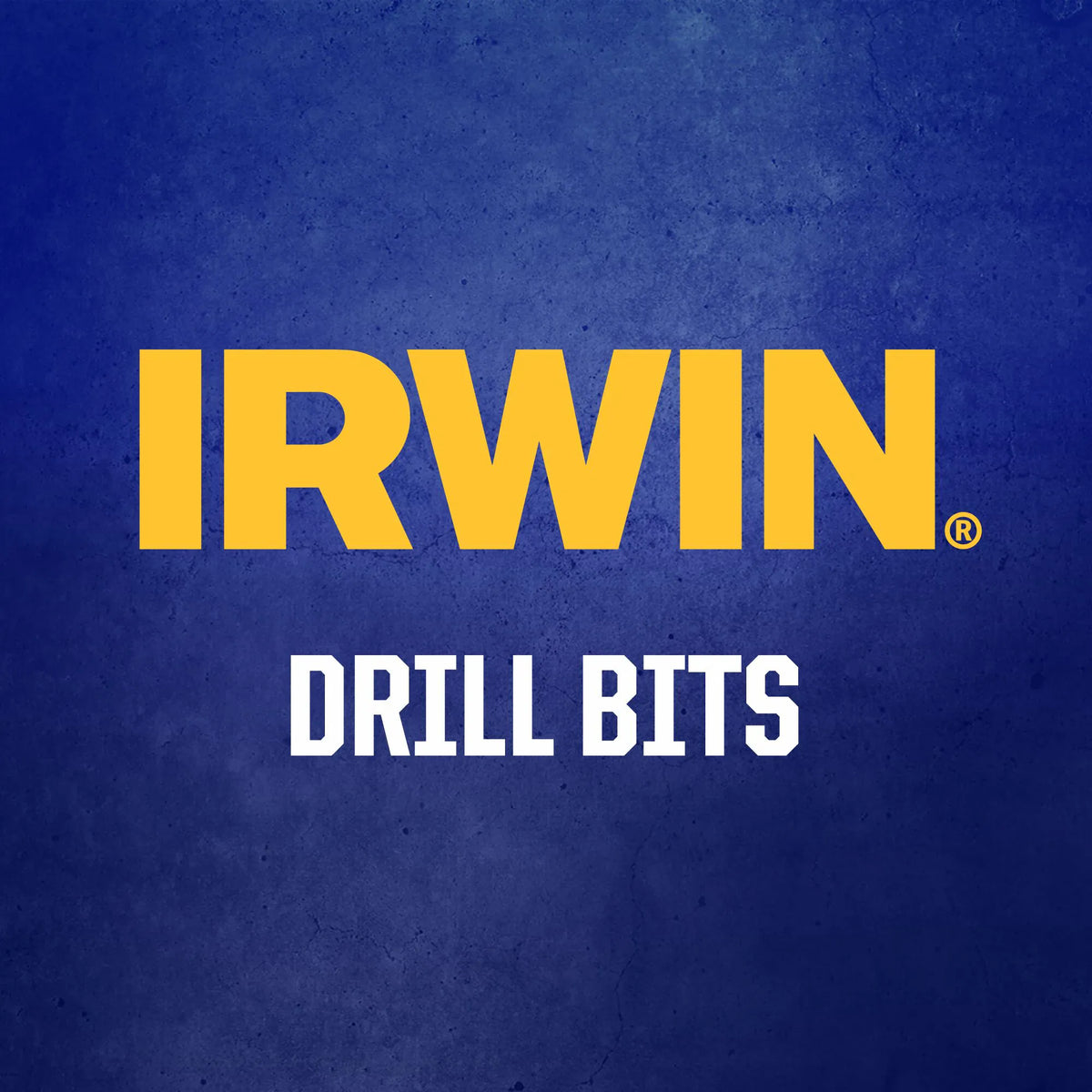 A digital graphic layout featuring the official yellow Irwin corporate brand logo set directly above the white text reading Drill Bits against a dark blue, textured industrial background.