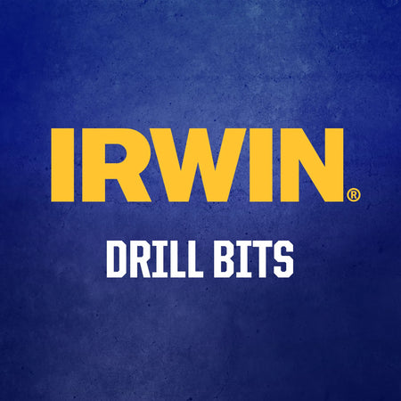 A digital graphic layout featuring the official yellow Irwin corporate brand logo set directly above the white text reading Drill Bits against a dark blue, textured industrial background.