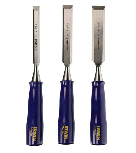  The  image shows three Irwin Marples Woodworking Chisels. They each have a sharp, flat metal blade with the "IRWIN Marples" branding and size markings, attached to a comfortable, blue plastic handle with the "Irwin Marples" logo printed vertically.
