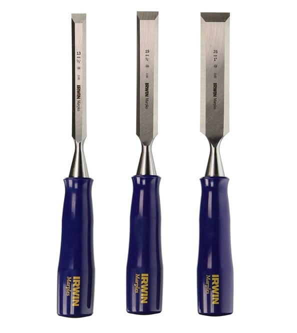  The  image shows three Irwin Marples Woodworking Chisels. They each have a sharp, flat metal blade with the "IRWIN Marples" branding and size markings, attached to a comfortable, blue plastic handle with the "Irwin Marples" logo printed vertically.
