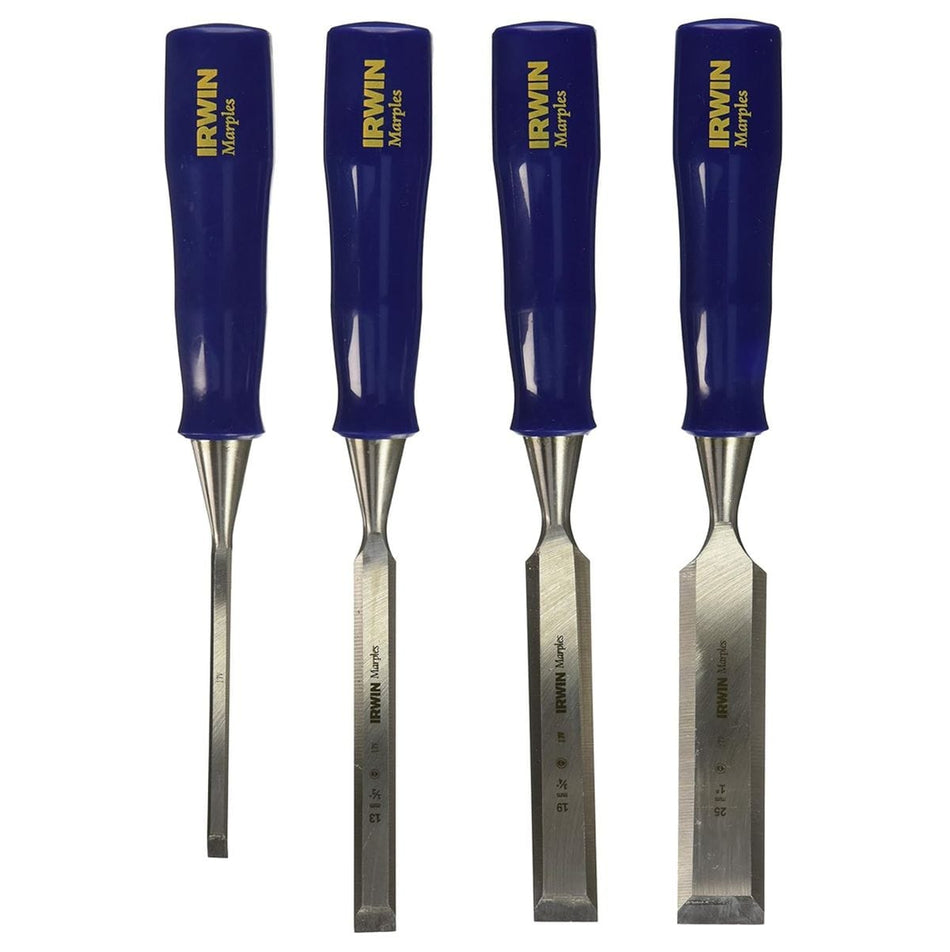 Product studio shot from a direct overhead view of the Irwin M444S4N 4pc Blue Chip Beveled Edge Chisel Set on a white background, showcasing the four hand woodworking tools arranged by size from left to right with their signature blue contoured polypropylene handles featuring the gold Irwin Marples logo and their precision-ground hardened steel blades.