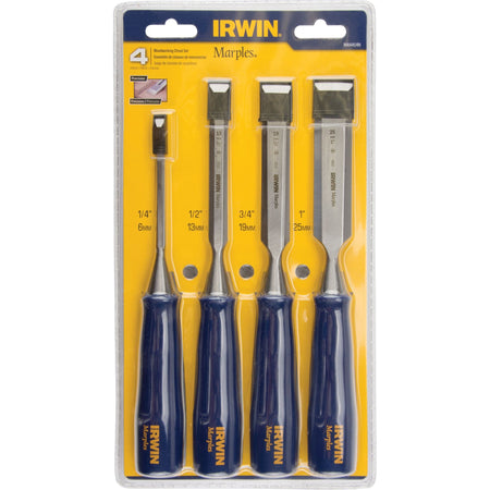 The Irwin Marples 4pc Blue Chip Beveled Edge Woodworking Chisel Set inside its clear protective plastic retail clamshell packaging with a bright yellow background card, showing the model number M444S4N, protective black tip guards on each blade, and fractional and metric size markings for the 1/4 inch (6mm), 1/2 inch (13mm), 3/4 inch (19mm), and 1 inch (25mm) fine woodworking chisels.