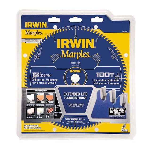 Retail packaging of Irwin Marples woodworking circular saw blade showing 12 inch diameter, 100 teeth, and icons for cutting plywood, hardwood, MDF, melamine, and non-ferrous metals.