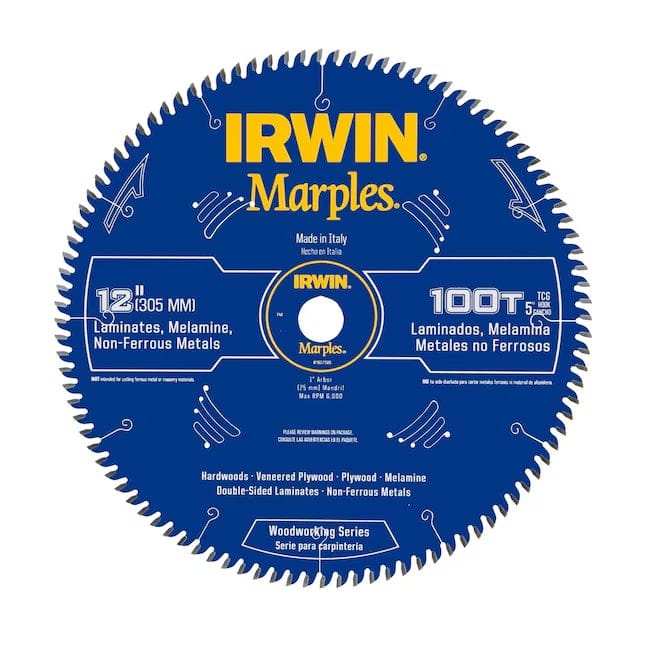 Close-up of Irwin Marples 12 inch circular saw blade with 100 TCG teeth, labeled for cutting laminates, melamine, and non-ferrous metals, featuring 1 inch arbor and 6,000 RPM rating.