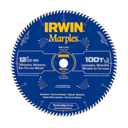 Close-up of Irwin Marples 12 inch circular saw blade with 100 TCG teeth, labeled for cutting laminates, melamine, and non-ferrous metals, featuring 1 inch arbor and 6,000 RPM rating.