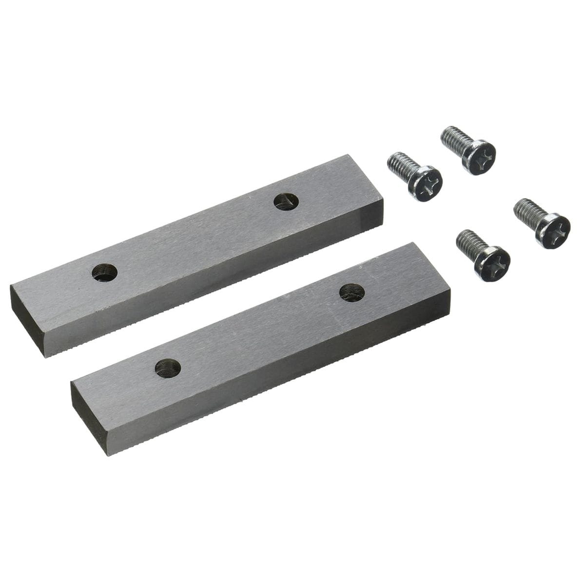 A top-down angled product shot of the Irwin Record T5D replacement kit against a solid white background. The image showcases the smooth, precision-machined rear load-bearing surfaces of two rectangular 5-inch hardened steel jaw plates, each featuring two cleanly drilled counterbored mounting holes, alongside four included high-tensile steel Phillips-head machine installation screws.