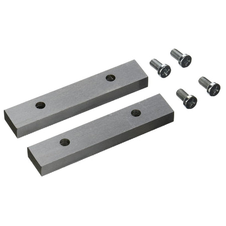 A top-down angled product shot of the Irwin Record T5D replacement kit against a solid white background. The image showcases the smooth, precision-machined rear load-bearing surfaces of two rectangular 5-inch hardened steel jaw plates, each featuring two cleanly drilled counterbored mounting holes, alongside four included high-tensile steel Phillips-head machine installation screws.