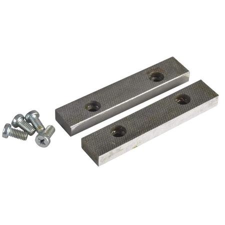 A clear, high-conversion product image of the Irwin Record T5D replacement vise jaw set isolated on a white background. This view displays the working faces of the two 5-inch hardened steel plates, distinctly highlighting the cross-hatched serrated diamond texture designed for a secure, non-slip grip, arranged alongside the four matching silver mounting fasteners.