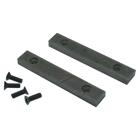 Irwin Record T6D replacement jaw plates and screws set for number 6 mechanics vise featuring two cross-hatched textured 6 inch hardened steel inserts with pre-drilled countersunk holes alongside four black mounting screws isolated on a white background.