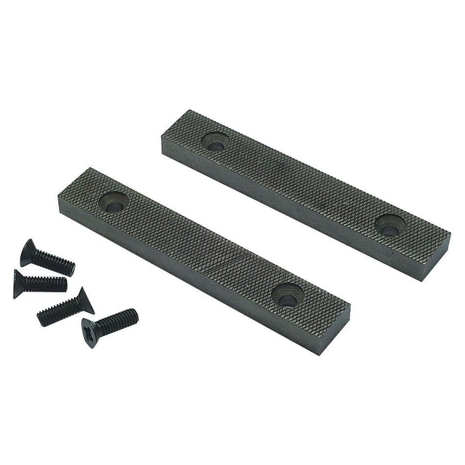 Irwin Record T6D replacement jaw plates and screws set for number 6 mechanics vise featuring two cross-hatched textured 6 inch hardened steel inserts with pre-drilled countersunk holes alongside four black mounting screws isolated on a white background.