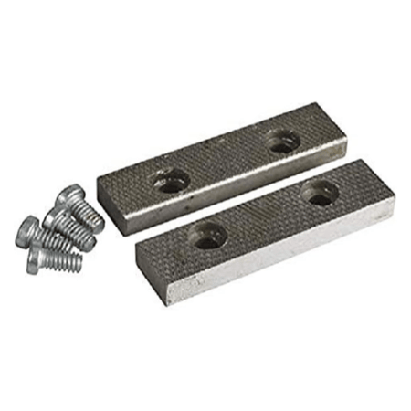 Replacement jaw plates and hardware screws set for workbench mechanic vise repair showing two serrated steel replacement face strips and four threaded silver mounting fasteners designed to restore secure non-slip clamping grip.