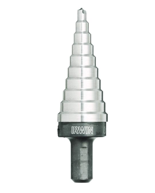 Image of Irwin UNIBIT® #4M Step Drill Bit. 
This is a close-up image of a silver-colored step drill bit, featuring a distinctive conical shape with multiple progressively larger diameters, allowing it to drill holes of various sizes. The base of the drill bit is dark gray and hexagonal, with "IRWIN" clearly visible in white lettering, indicating the brand.