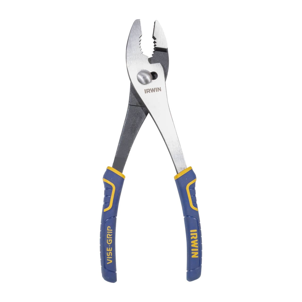 A full-length studio photograph of the Irwin Vise-Grip 10-inch standard slip joint pliers shown in an open position, displaying the adjustable pivot joint, nickel chromium steel construction, and ergonomic blue and yellow ProTouch handles.