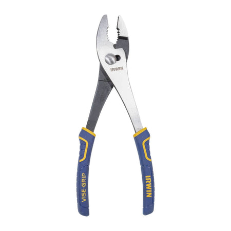 A full-length studio photograph of the Irwin Vise-Grip 10-inch standard slip joint pliers shown in an open position, displaying the adjustable pivot joint, nickel chromium steel construction, and ergonomic blue and yellow ProTouch handles.