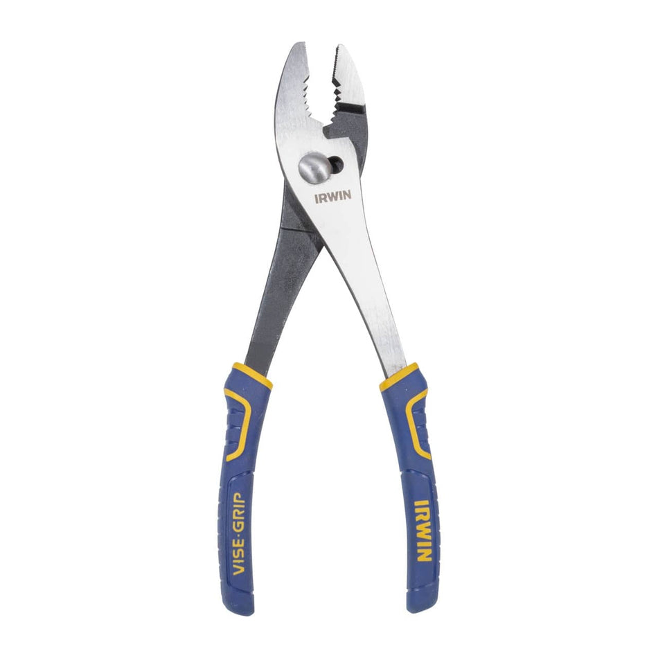 A full-length studio photograph of the Irwin Vise-Grip 10-inch standard slip joint pliers shown in an open position, displaying the adjustable pivot joint, nickel chromium steel construction, and ergonomic blue and yellow ProTouch handles.