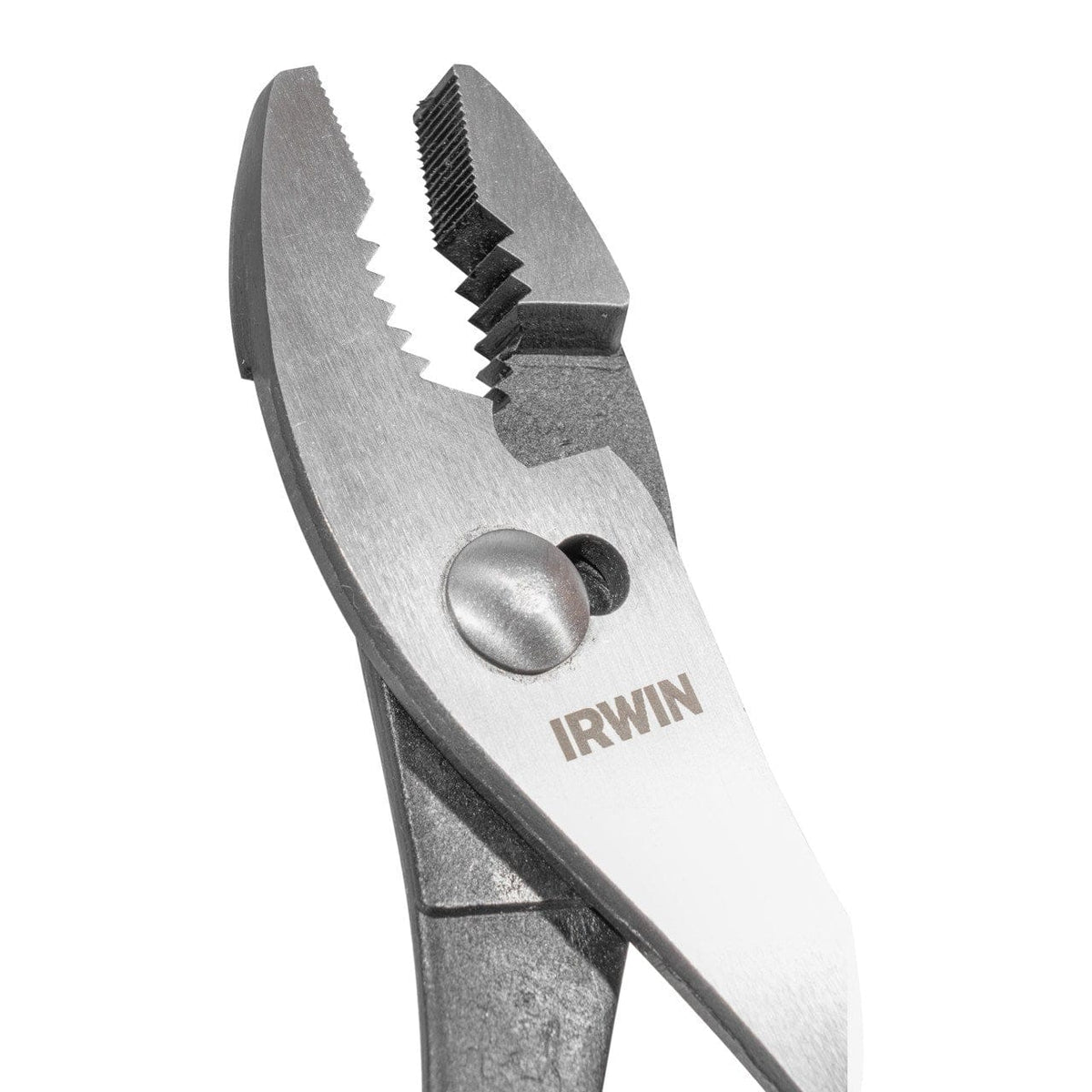A close-up studio photograph of the nickel chromium steel jaws of the Irwin pliers, highlighting the machined serrated teeth for maximum gripping strength and the IRWIN brand name etched into the metal.