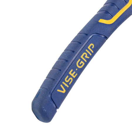 A close-up studio photograph of the ProTouch comfort grip handle on the Irwin Vise-Grip pliers, featuring a textured blue surface with yellow accents and the VISE-GRIP brand name embossed in yellow.