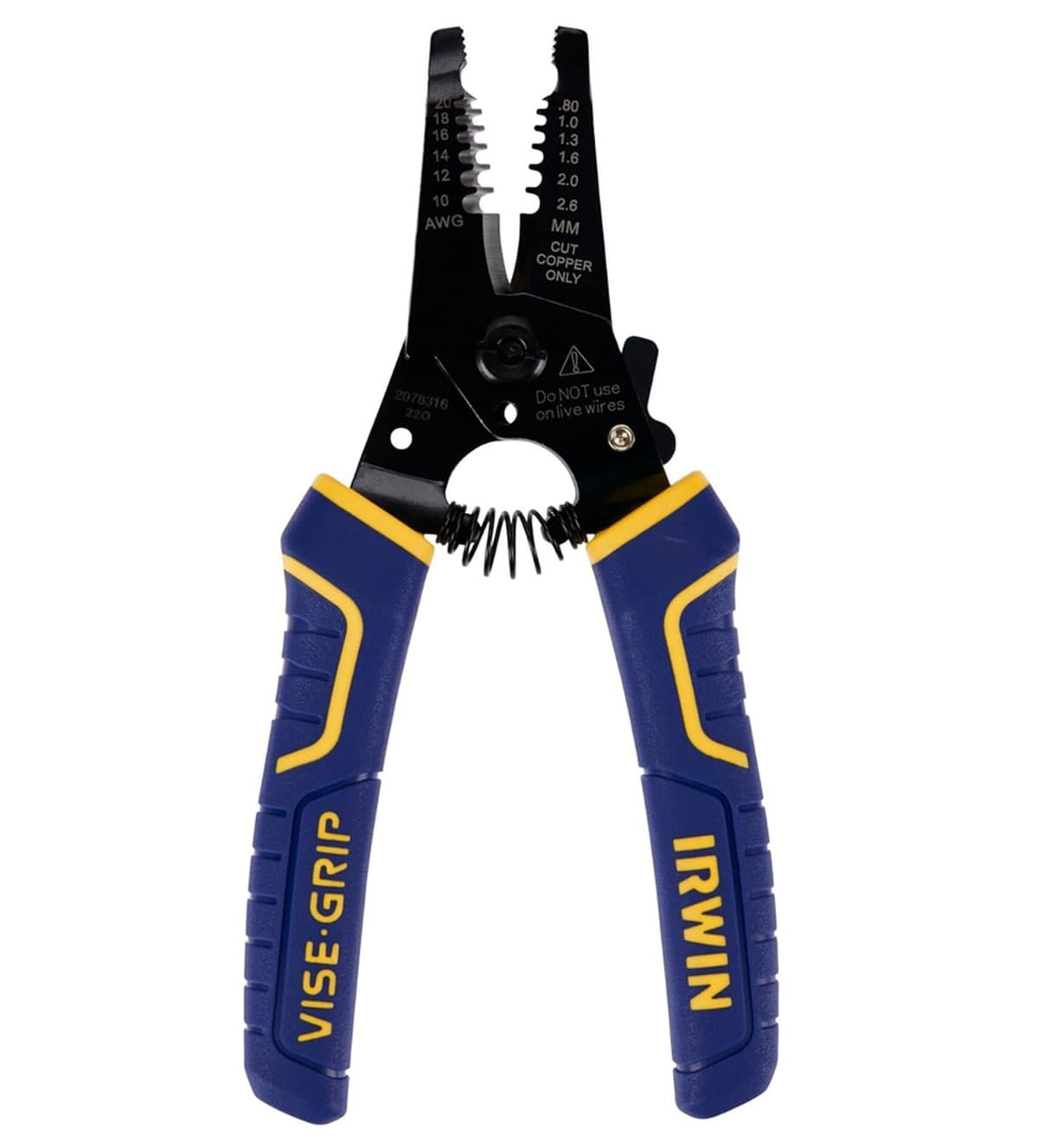 Front straight-on view of the Irwin Vise-Grip 2078316 6-inch adjustable wire stripper and cutter, displaying the open jaws, central spring, and blue and yellow ergonomic cushion grips