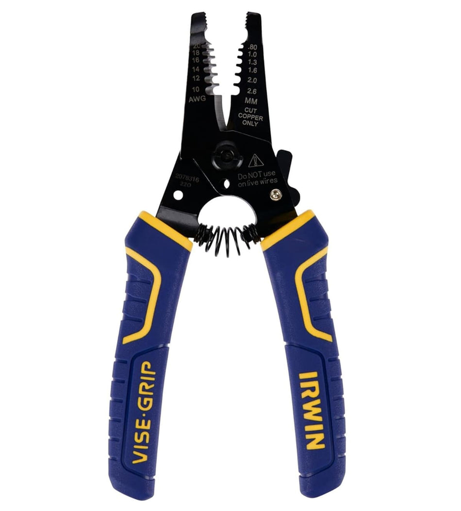 Front straight-on view of the Irwin Vise-Grip 2078316 6-inch adjustable wire stripper and cutter, displaying the open jaws, central spring, and blue and yellow ergonomic cushion grips