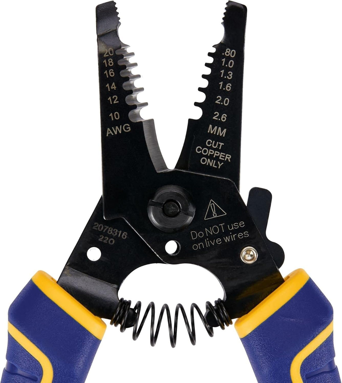 Close-up macro view of the Irwin Vise-Grip 6-inch wire stripper jaws, highlighting the clearly marked AWG sizing, sharp copper cutting blade, and the adjustable selection dial