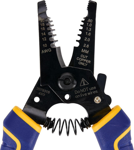Close-up macro view of the Irwin Vise-Grip 6-inch wire stripper jaws, highlighting the clearly marked AWG sizing, sharp copper cutting blade, and the adjustable selection dial